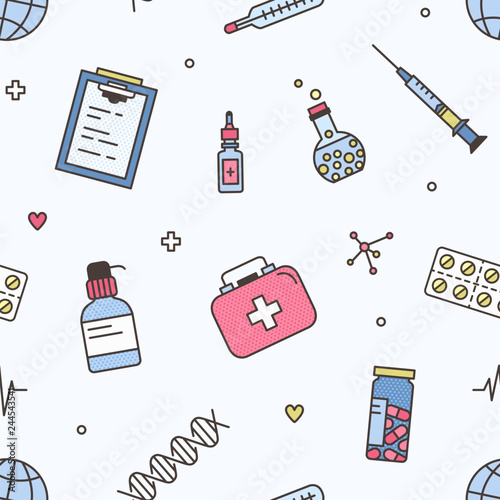 Seamless pattern with biomedical laboratory and medical research equipment