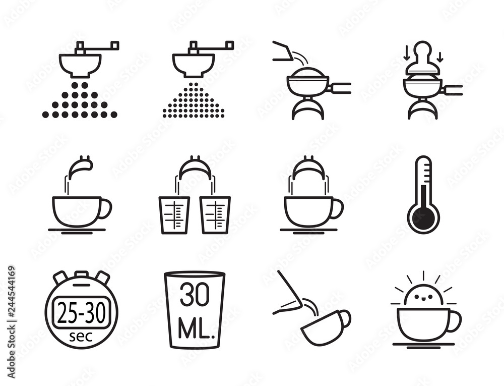 Set of icon is making coffee perfect shot. Vector eps10.