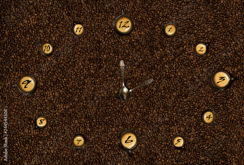 Hours from black mugs of coffee with on coffee beans. Hours from coffee. The concept time from food