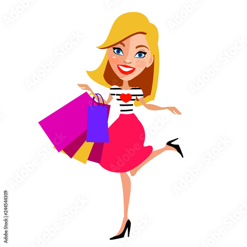 beautiful woman, shopping, on a white