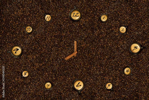 Hours from black mugs of coffee with on coffee beans. Hours from coffee. The concept time from food
