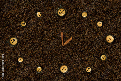 Hours from black mugs of coffee with on coffee beans. Hours from coffee. The concept time from food