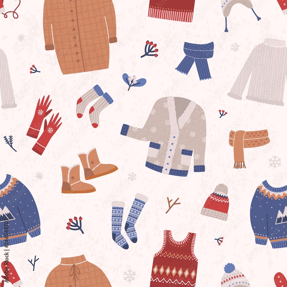 Winter seamless pattern with warm knitted clothes on light background. Backdrop with woolen seasonal clothing and accessories. Flat cartoon vector illustration for wrapping paper, fabric print. - obrazy, fototapety, plakaty 