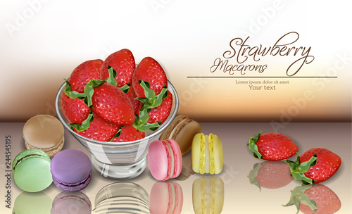 Strawberry and macaroons Vector realistic. 3d detailed card menu template. de...