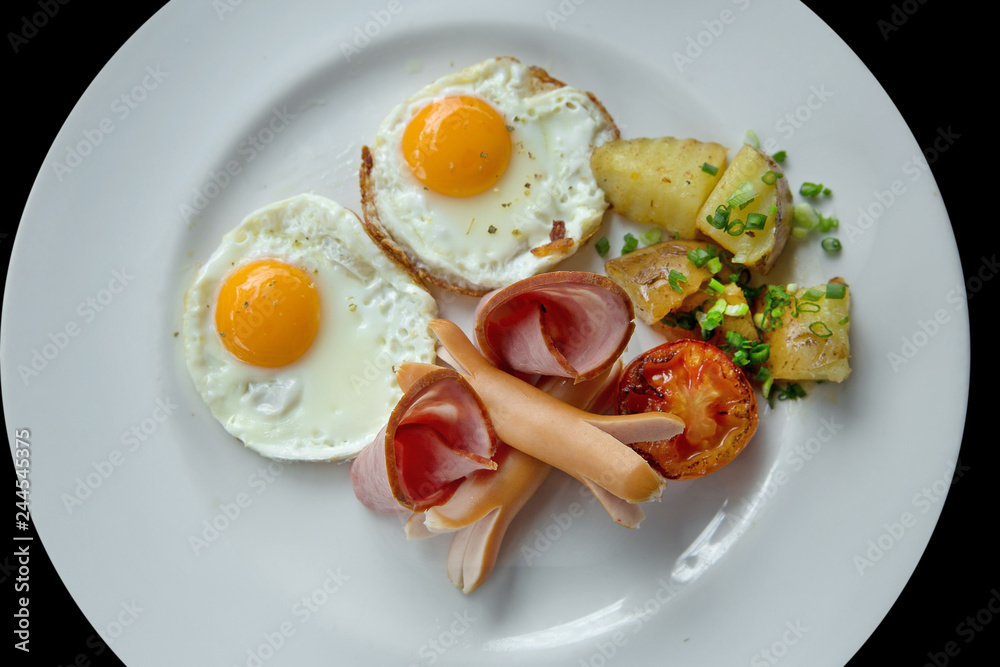 Prepare sausage, fried egg and Ham for breakfast Prepare sausage, fried egg and Ham for breakfast