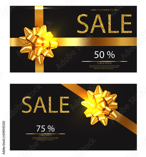 Discount voucher Vector realistic. Golden glitter card with red bow detailed ...