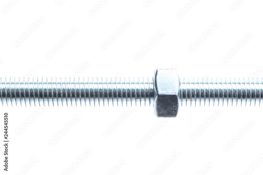 Screw-thread axis with nut isolated on white background Screw-thread axis with nut isolated on white background