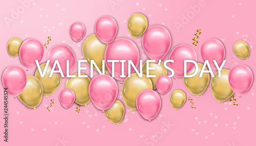 Valentine day card with balloons Vector realistic. Pink and yellow joyful col...