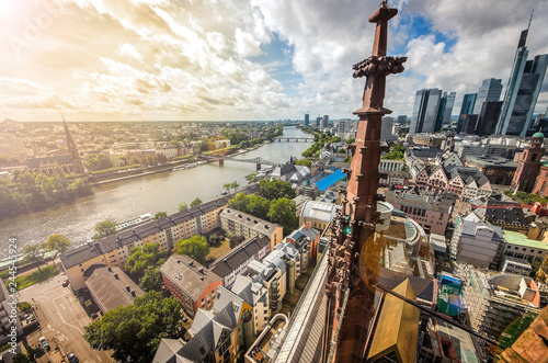 Aerial view over the river Main from the Main Tower in Frankfurt am Main in Germany.
