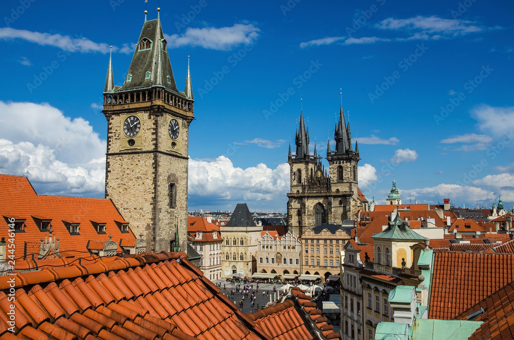 Houses with traditional red roofs in Prague Old Town Square in the Czech Republic