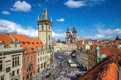 Prague, Czech Republic. Aerial view over Church of Our Lady before Tyn at Old Town square (Starometska) in Praha.