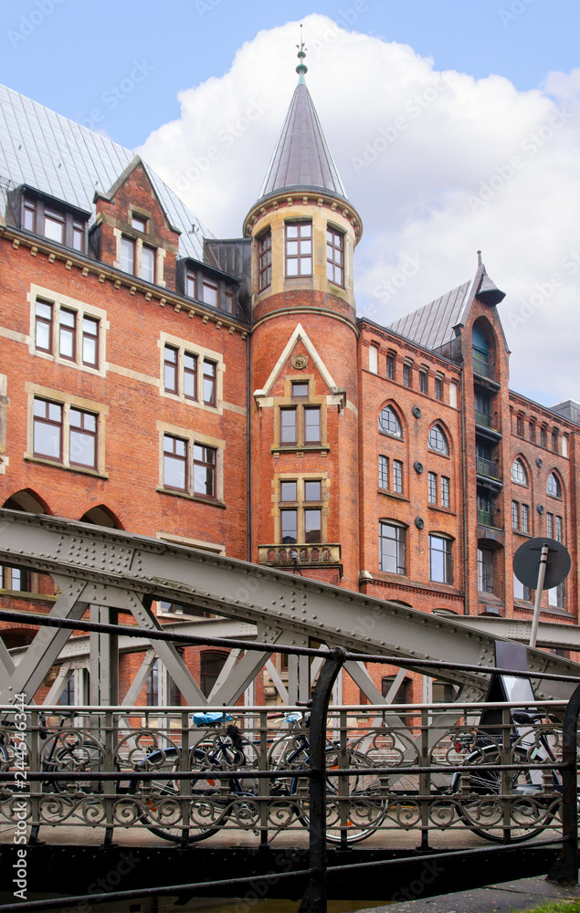 View to the popular and historic district Speicherstadt  in Hamburg - Germany