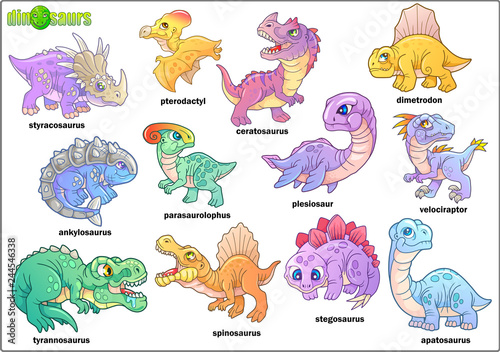 Cartoon cute prehistoric dinosaurs  set of images  funny illustration