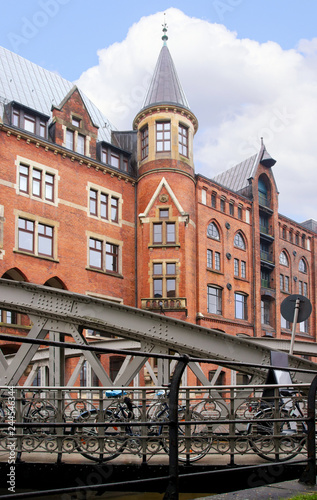 View to the popular and historic district Speicherstadt in Hamburg - Germany
