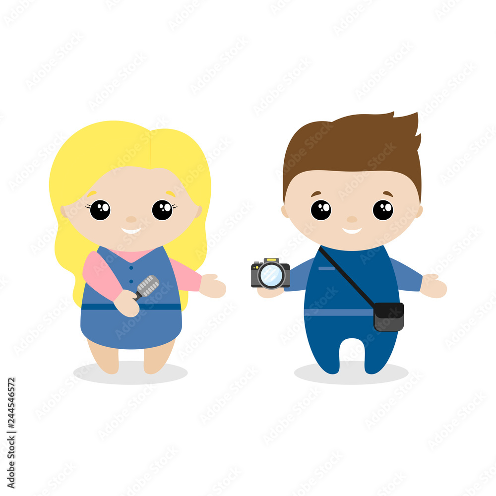 Boy and girl journalist cartoon style. Set of cute cartoon children in professions. Vector illustration