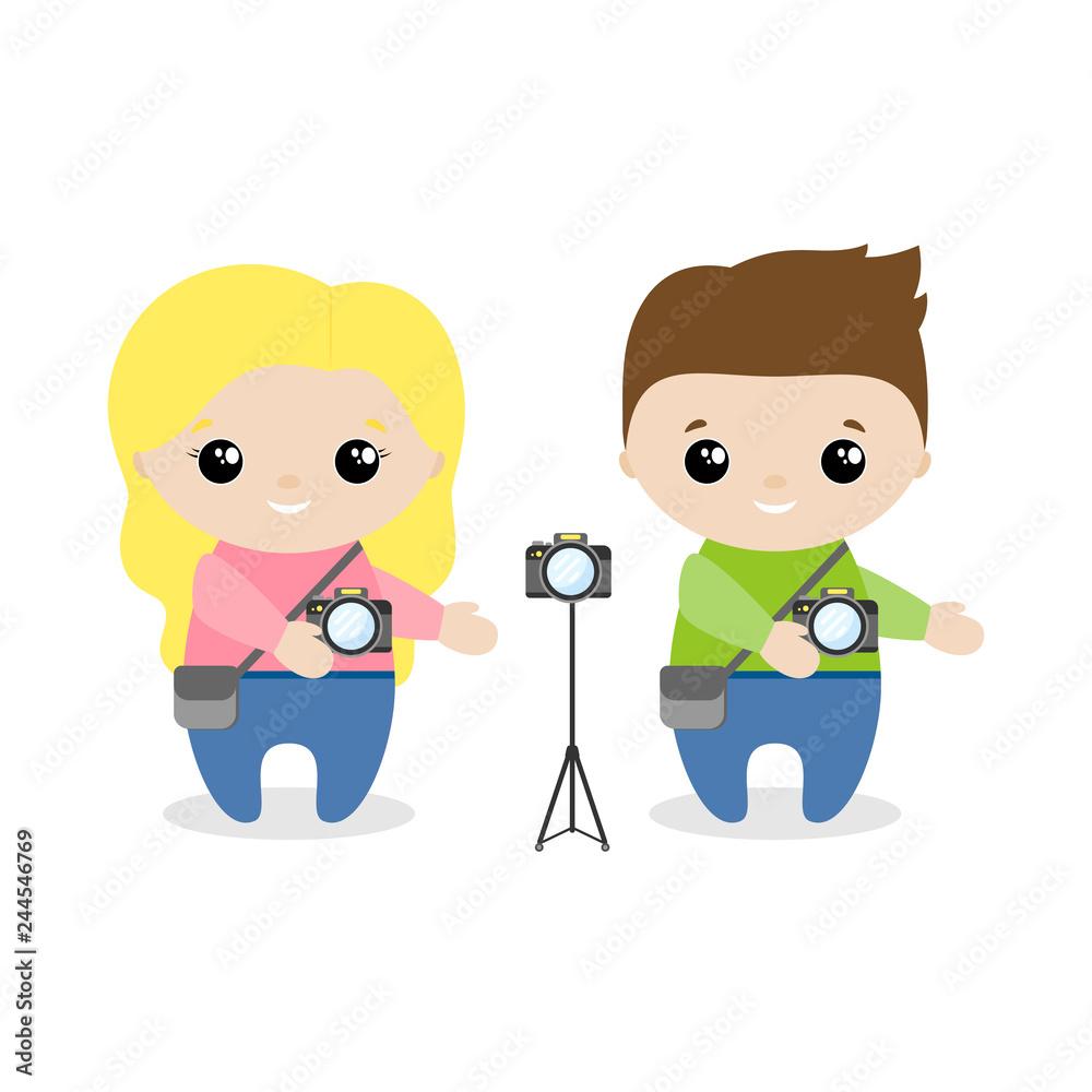 Boy and girl photographer cartoon style. Set of cute cartoon children in professions. Vector illustration Boy and girl photographer cartoon style. Set of cute cartoon children in professions. Vector illustration