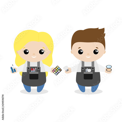 Boy and girl makeup artist cartoon style. Set of cute cartoon children in professions. Vector illustration