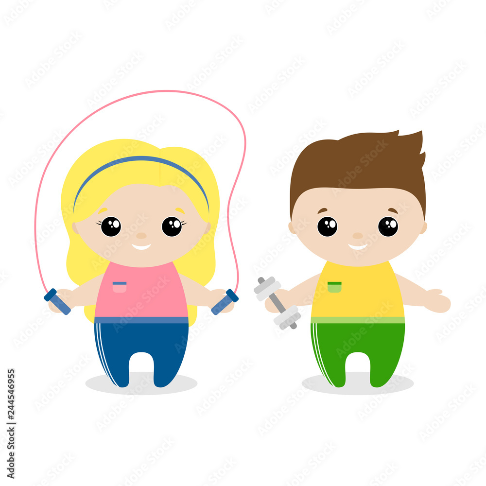 Boy and girl sportsman cartoon style. Set of cute cartoon children in professions. Vector illustration
