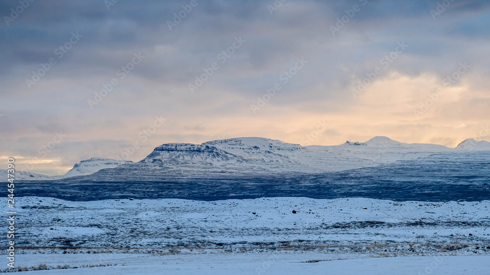 Snow mountain landscape view in north iceland