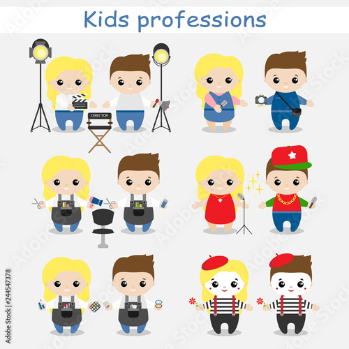 Set of cute cartoon children in professions. Kids in professions. Vector illustration