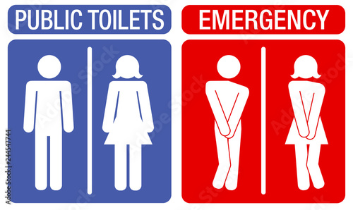 Concept of humorous signboards indicating toilets with an illustration showing a man and a woman with an urge to urinate. photo