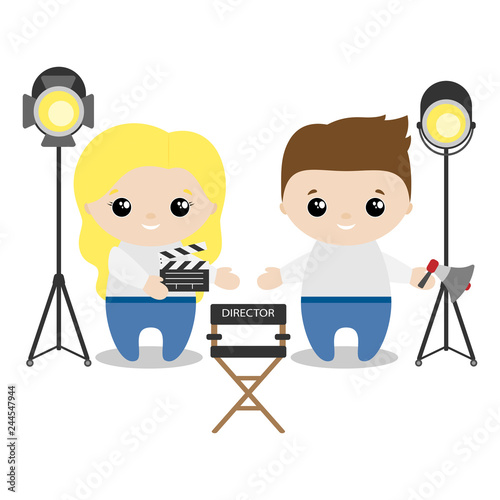 Boy and girl director cartoon style. Set of cute cartoon children in professions. Vector illustration