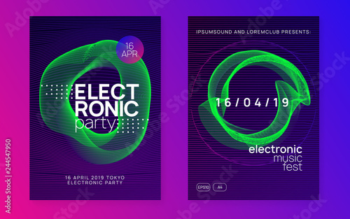 Dance flyer. Futuristic concert cover set. Dynamic gradient shape and line. Neon dance flyer. Electro trance music. Techno dj party. Electronic sound event. Club fest poster.