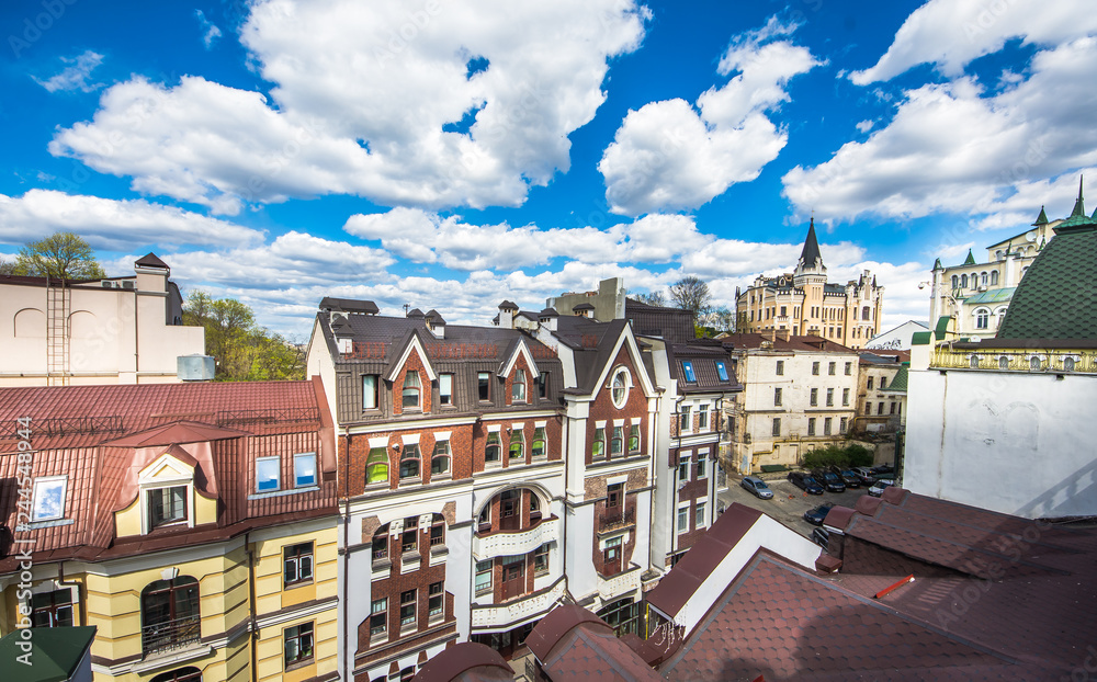 Vozdvizhenka elite district in Kiev, Ukraine . Top view on the roofs of buildings.