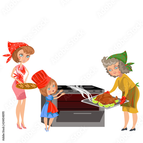 Cartoon happy grandmother putting chicken in oven