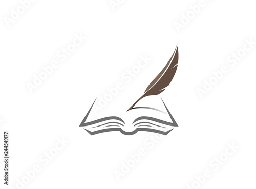 Book logo and quill writing in the papers on an open book, Feder, Buch logo