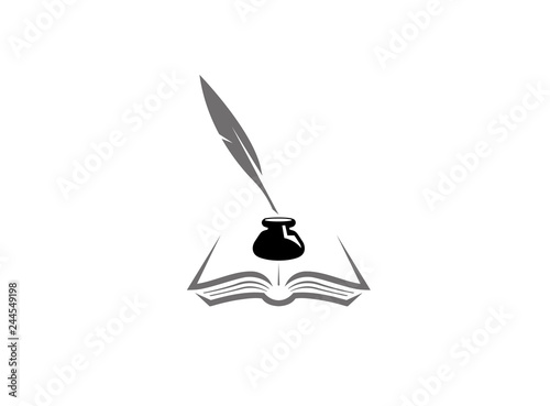 Quill inside an inkwell in the papers on an open book, Feder, Buch, Tintenfass logo