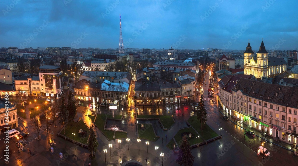 Ukraine, Ivano-Frankivsk, November 26, 2017: Panorama of the small European city of Ivano-Frankivsk in western Ukraine, city center at night time