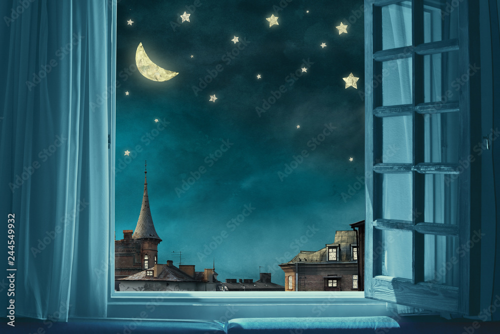 surreal fairy tale art background, view from room with open window, night sky with moon and stars, copy space, - obrazy, fototapety, plakaty 