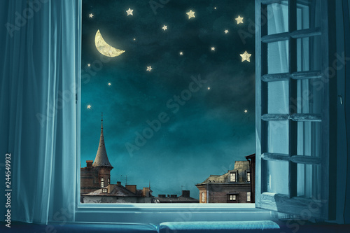surreal fairy tale art background, view from room with open window, night sky with moon and stars, copy space,