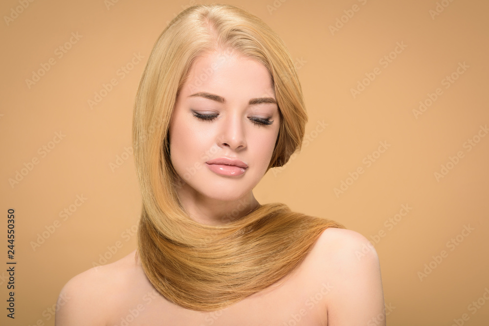 Relaxed woman posing with long hair around neck Relaxed woman posing with long hair around neck