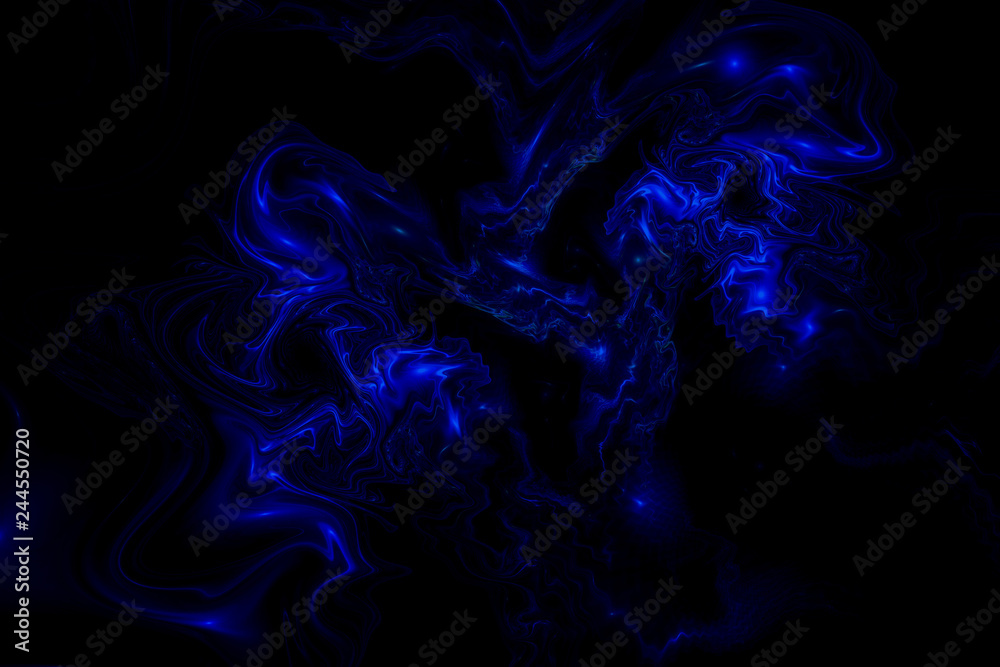 Fototapeta premium Abstract fluorescent blue waves on black background. Fantasy colorful fractal texture. Digital art. 3D rendering.