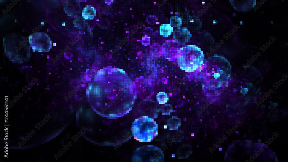 Abstract blurred blue and violet particles. Fantasy colorful holiday sparkle background. Digital fractal art. 3d