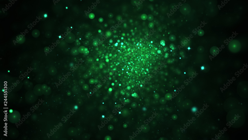 Naklejka Abstract blurred green lights. Fantasy colorful holiday bokeh background. Digital fractal art. 3d