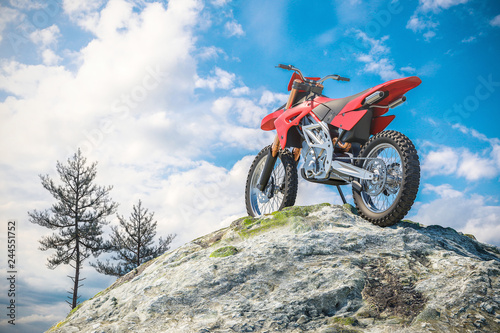 Red motorcycle on top of mountain landscape. 3d
