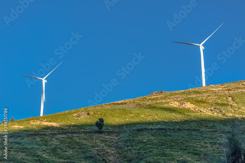 View of a wind turbines on top of mountains, in Portugal