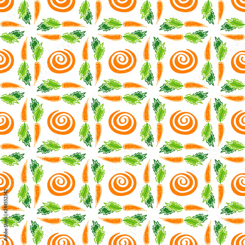 Color carrot vegetable leaf vector plain seamless garden pattern. Simplified retro illustration. Wrapping scrapbook paper background.Childish doodle art. Element for design, wallpaper, fabric printing © otapunk