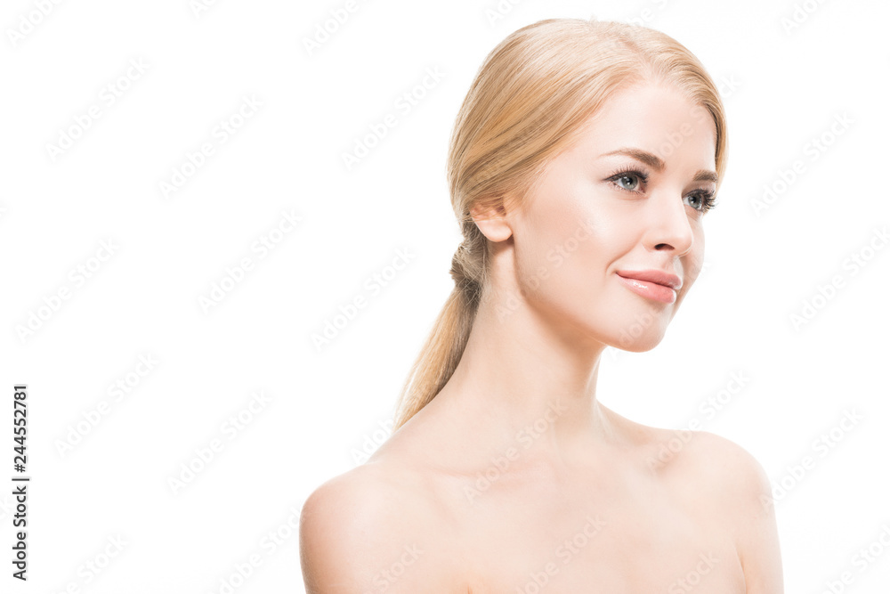 beautiful naked blonde woman smiling and looking away isolated on white beautiful naked blonde woman smiling and looking away isolated on white