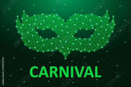 Carnaval mask low poly in green color. Brazil carnival holiday banner for Mardi Gras with polygonal wireframe mesh. Vector illustration.
