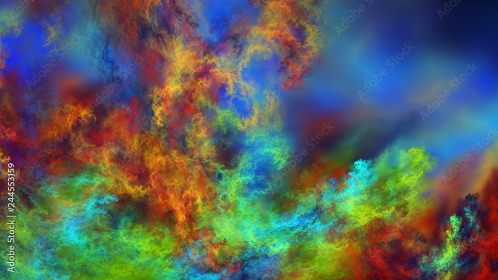 Abstract surreal blue, green and red clouds. Expressive brush strokes. Fantastic fractal background. 3d rendering.