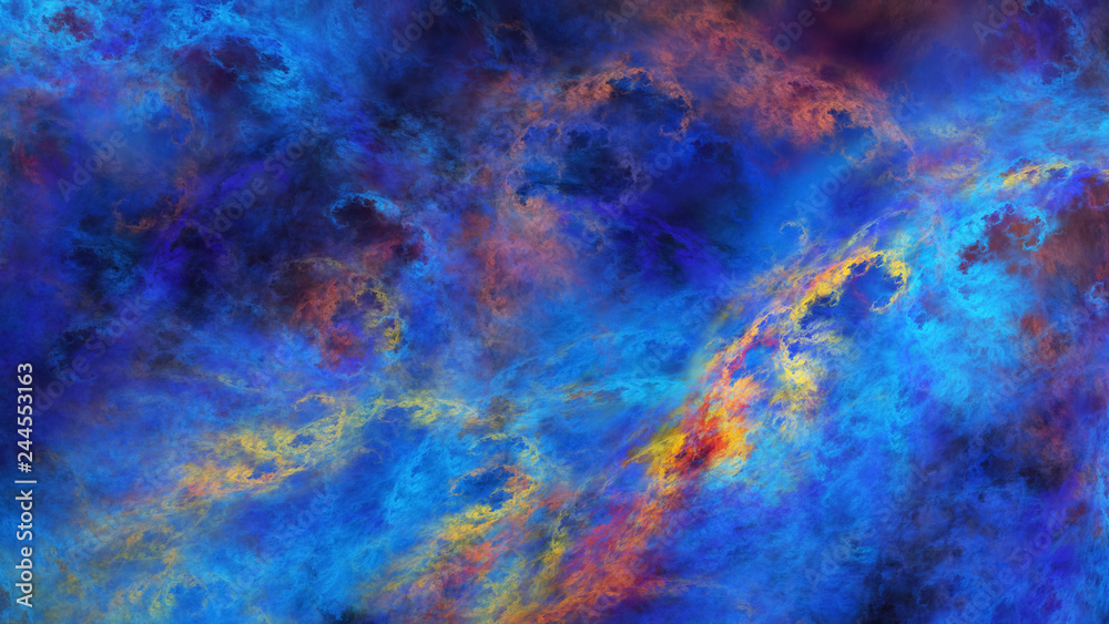 Abstract surreal blue and red clouds. Expressive brush strokes. Fantastic fractal background. 3d rendering.