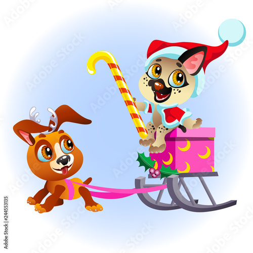 Cartoon funny puppy sledding box with presents