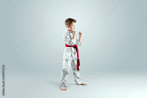 Creative background, a child in a white kimono in a fighting stance, on a light background. The concept of martial arts, karate, sports since childhood, discipline, first place, victory. copy space.
