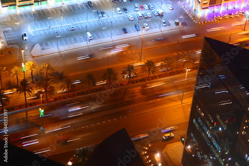 Busy traffic at night on the streets of Riyadh, Saudi Arabia