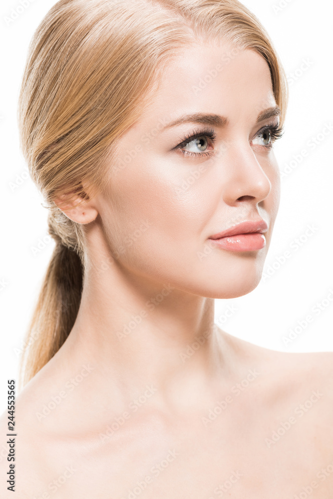 beautiful naked blonde girl with long hair looking away isolated on white beautiful naked blonde girl with long hair looking away isolated on white