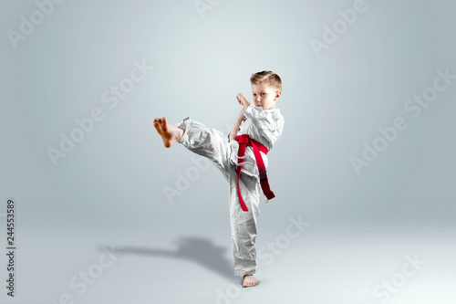 Fototapeta Naklejka Na Ścianę i Meble -  Creative background, a child in a white kimono makes a kick, on a light background. The concept of martial arts, karate, sports since childhood, discipline, first place, victory. copy space.